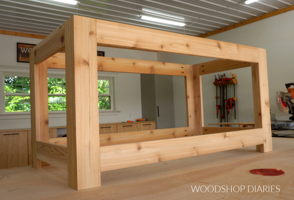cedar storage chest frame assembled with pocket holes on workbench