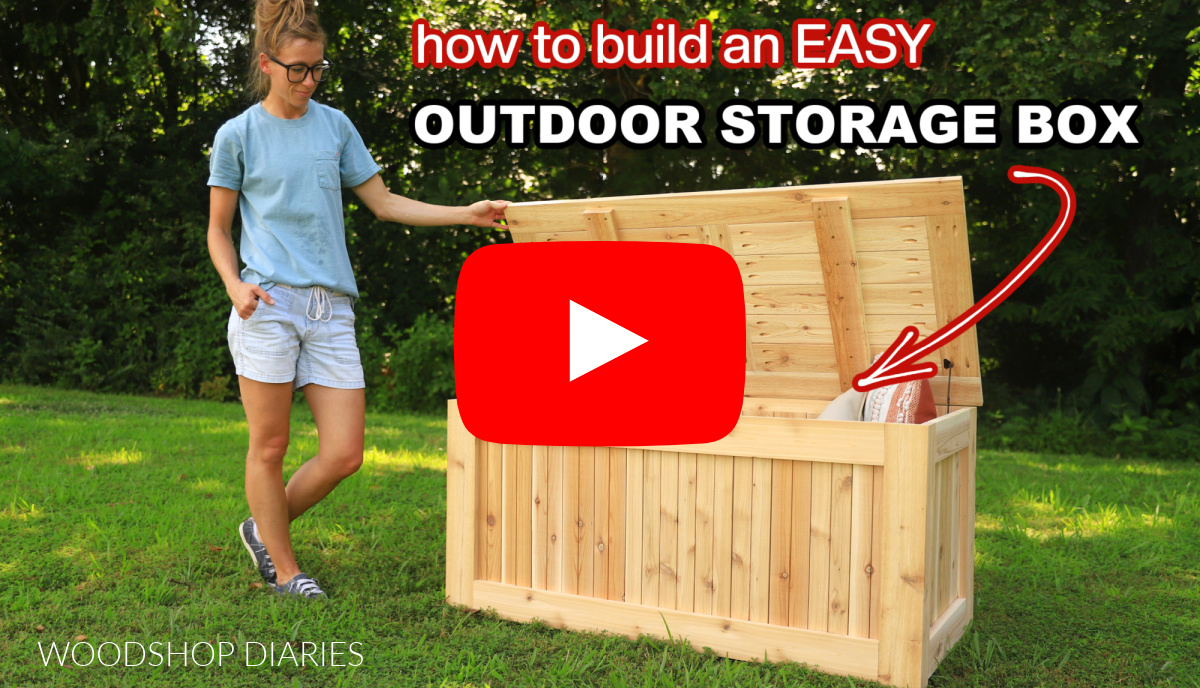YouTube video thumbnail showing outdoor storage box with text "how to build an EASY outdoor storage box"