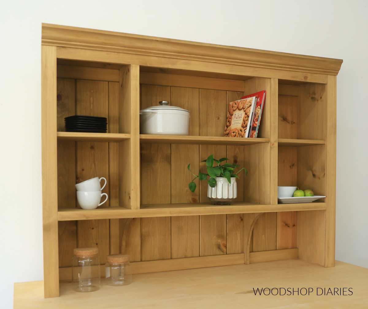 Rustic DIY pine wood shiplap hutch shelf on countertop
