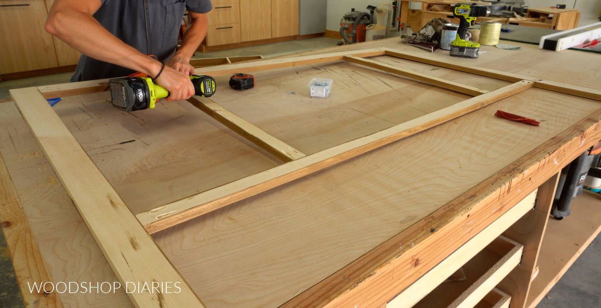 Shara Woodshop Diaries assembling face frame on workbench for countertop hutch build