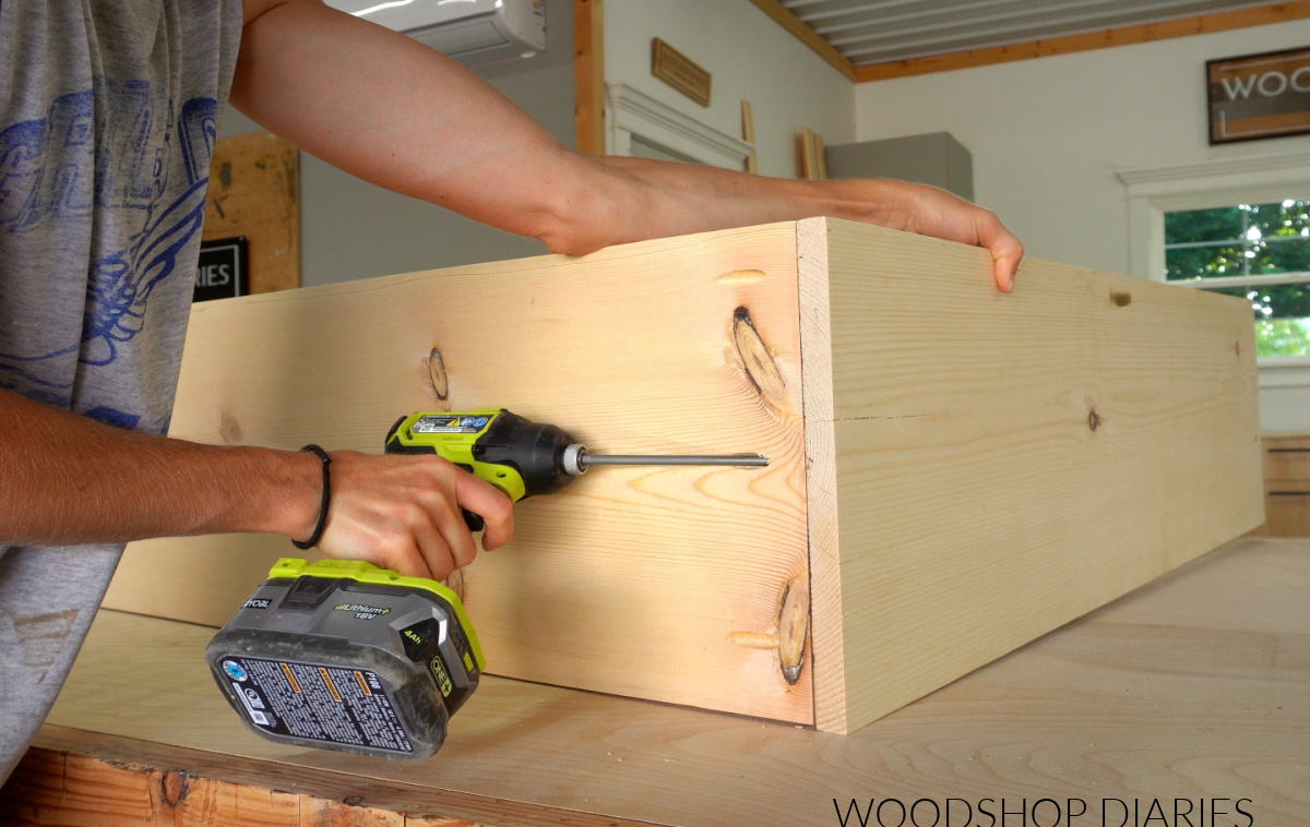 Shara Woodshop Diaries assembling countertop hutch using pocket hole screws