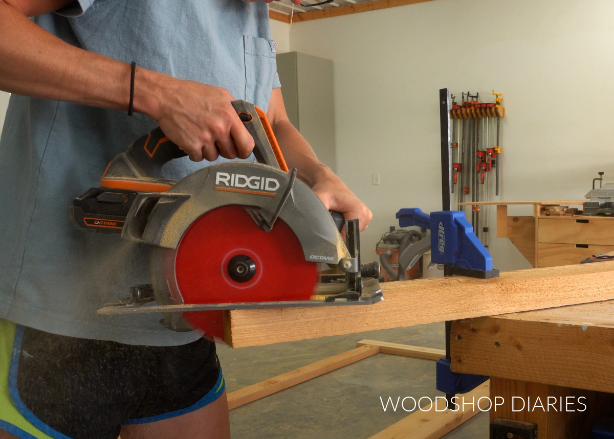 Shara Woodshop Diaries cutting diagonal brace ends with circular saw