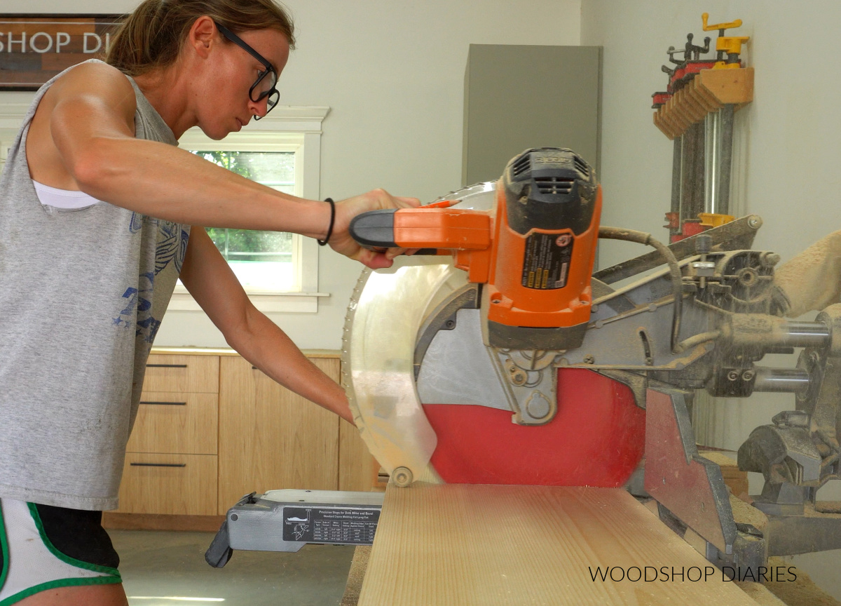 Shara Woodshop Diaries cutting 1x12 boards on miter saw