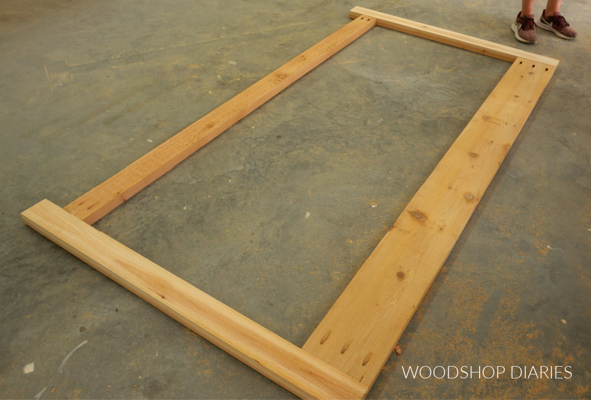Wooden Gate frame assembled with pocket holes and screws on concrete floor