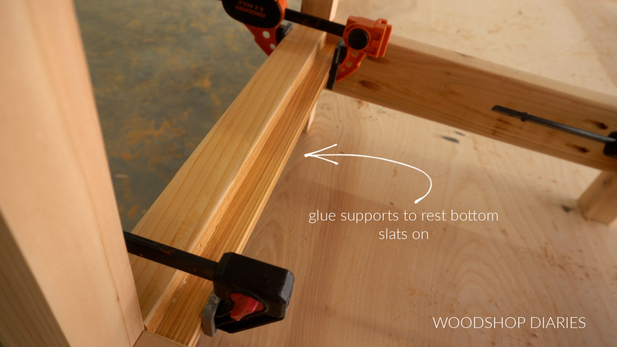 Close up of supports added to bottom of table to hold bottom shelf slats