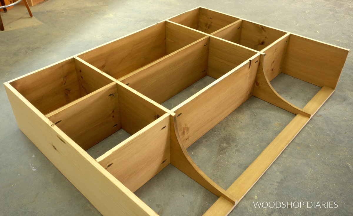 Completed countertop hutch body with two dividers and six shelves