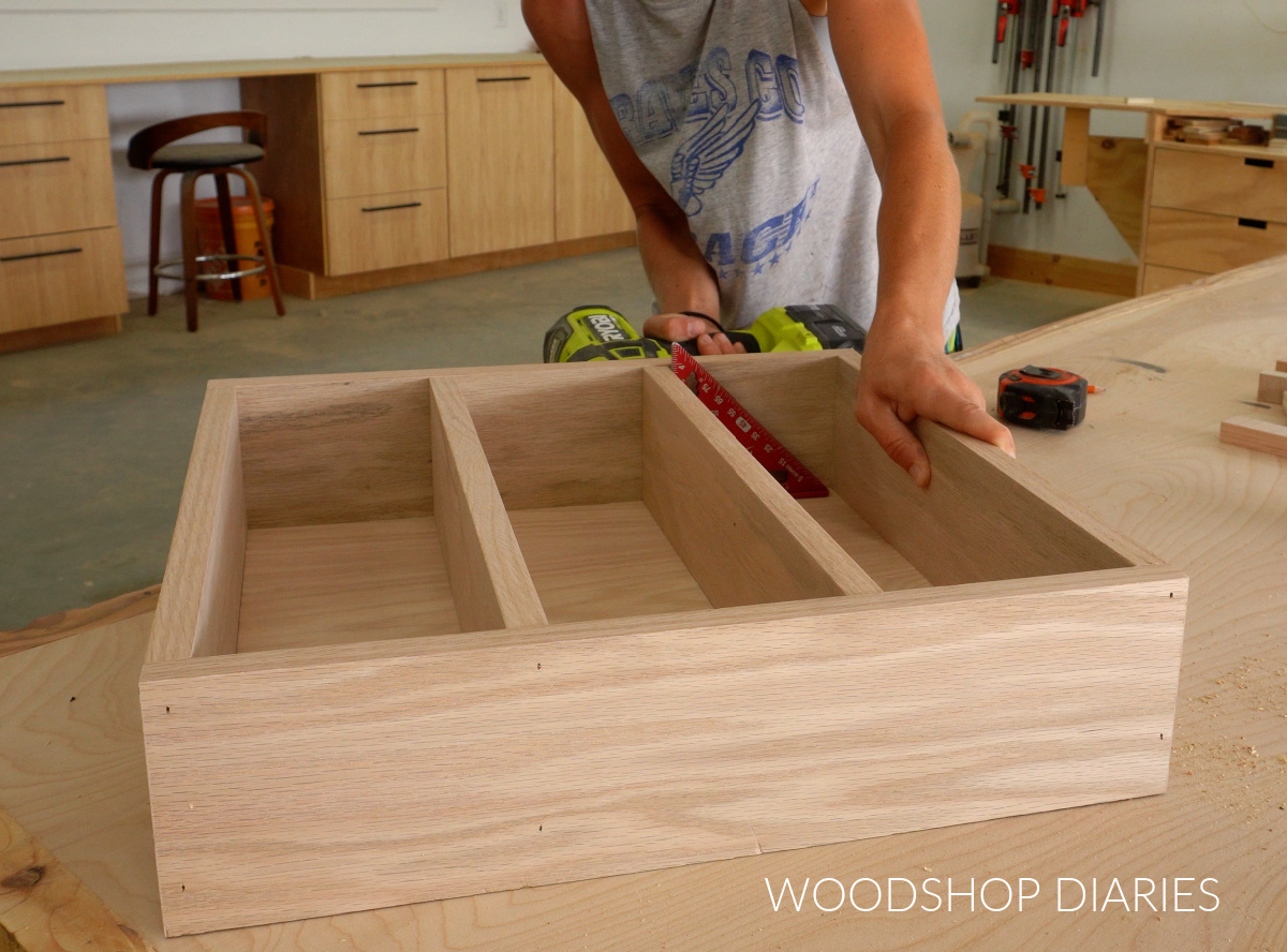 Shara Woodshop Diaries nailing shelves into plywood box
