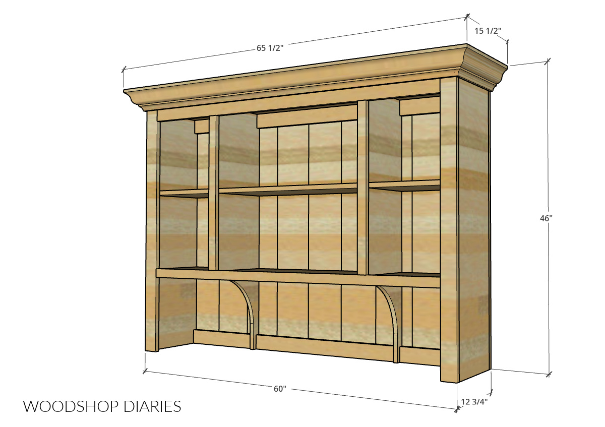 Overall dimensional diagram of DIY countertop hutch shelf