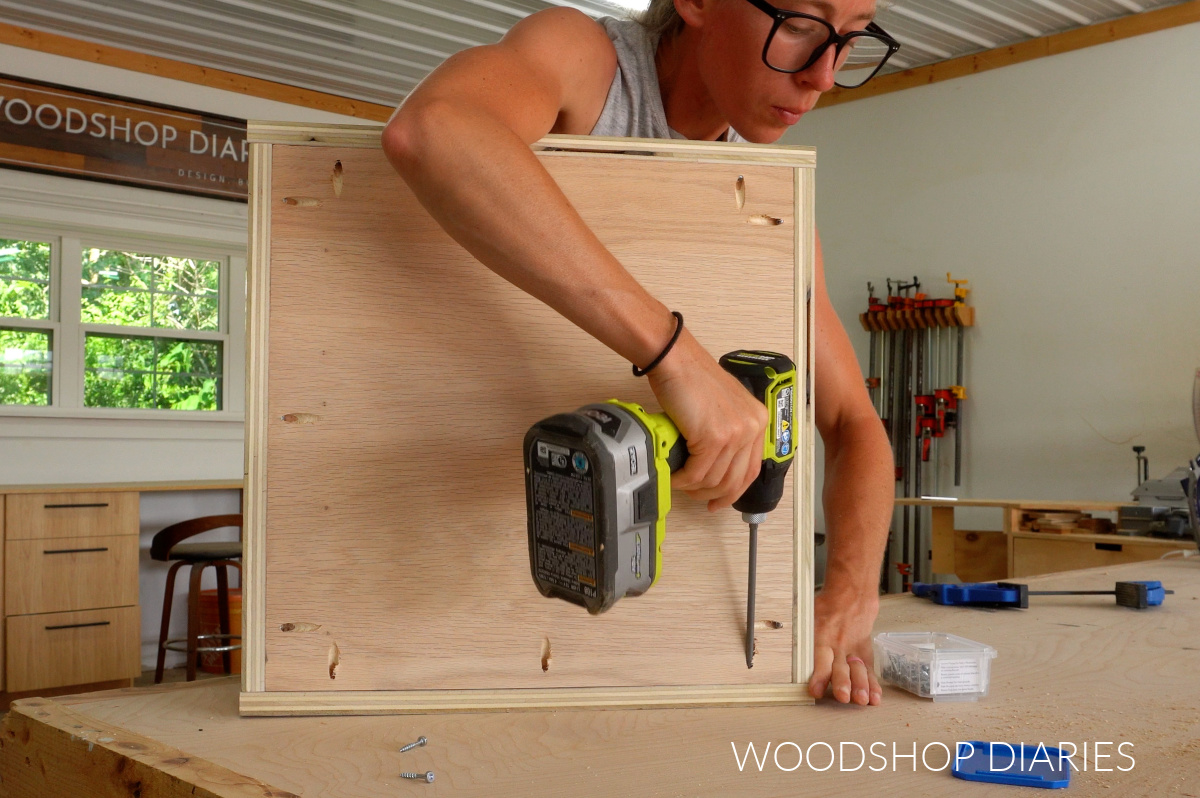 Shara Woodshop Diaries assembling mug display shelf back panel with pocket hole screws