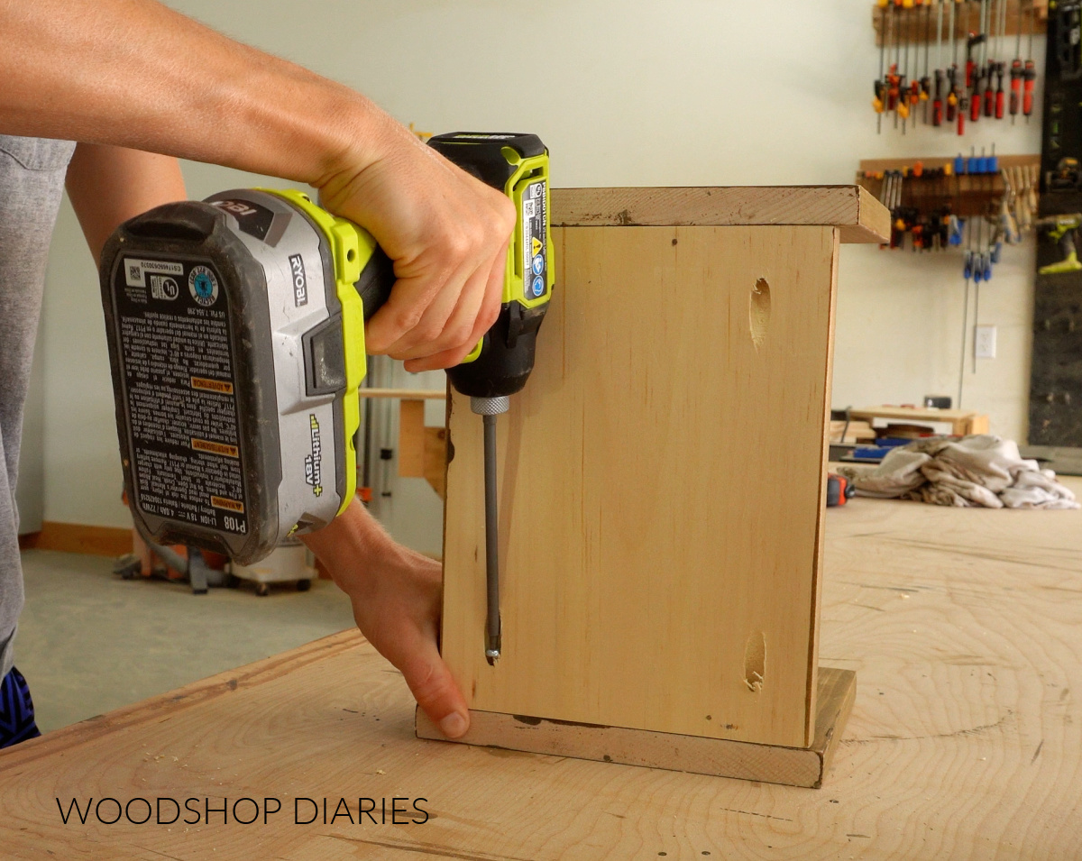 Shara Woodshop Diaries assembling desk organizer on workbench with pocket hole screws