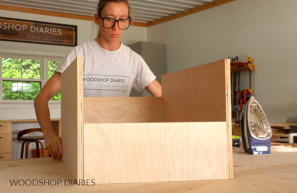 Shara Woodshop Diaries fitting pieces together to build cabinet organizer drawer