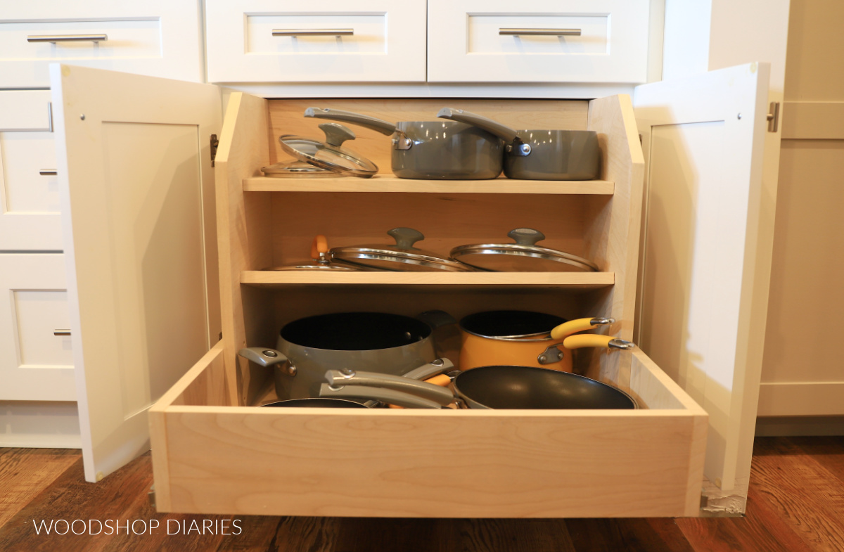 Base cabinet pots and pans wooden organizer for pots and pans installed inside cabinet
