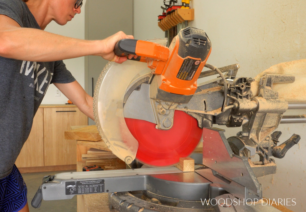 Shara Woodshop Diaries cutting wooden feet to make DIY wooden riser on miter saw