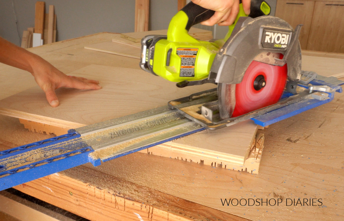 Shara Woodshop Diaries cutting sides of organizer drawer with circular saw