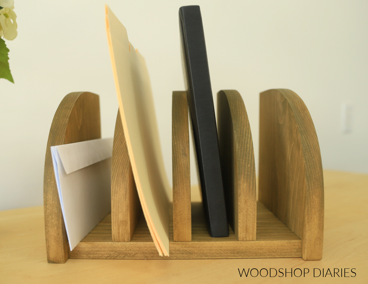Completed DIY desk organizer with curved dividers
