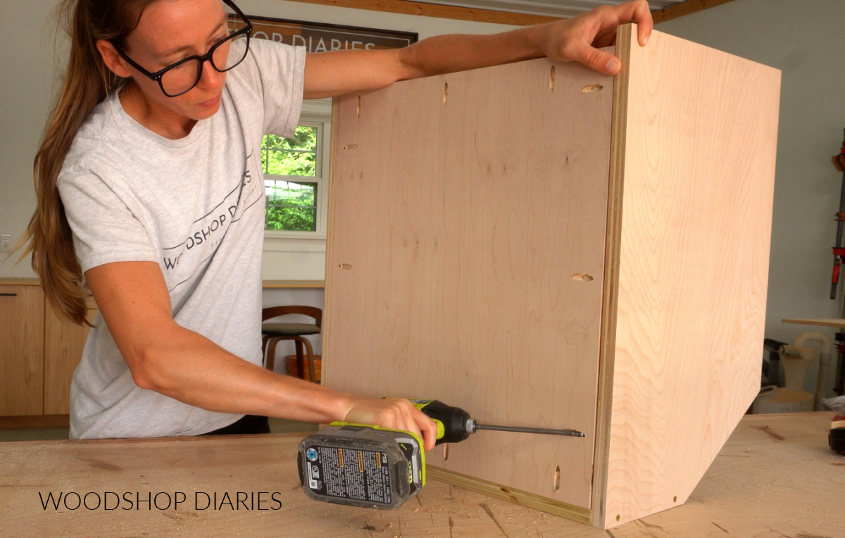 Shara Woodshop Diaries securing cabinet organizer drawer bottom with pocket hole screws