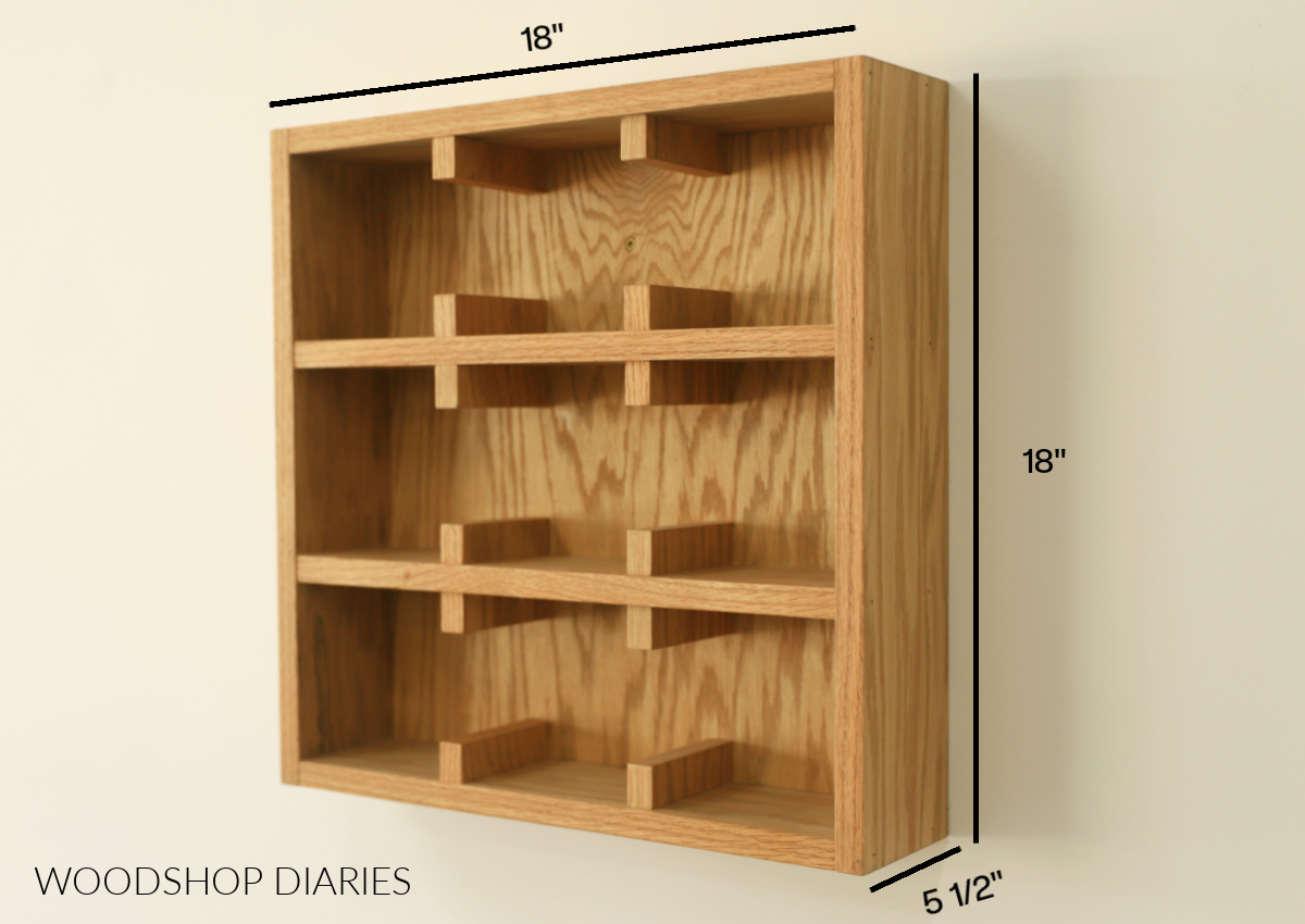 DIY Mug shelf sizing diagram showing overall dimensions of 18" x 18" x 5 ½"