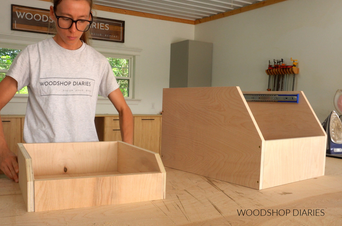 Shara Woodshop Diaries fitting pieces together to assemble cabinet organizer drawer for tupperware