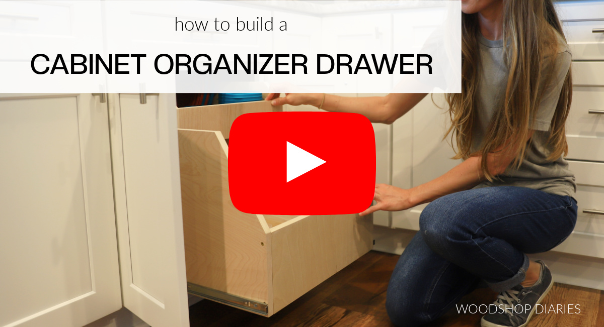 Youtube thumbnail image showing Shara Woodshop Diaries sliding cabinet organizer drawer out of base cabinet