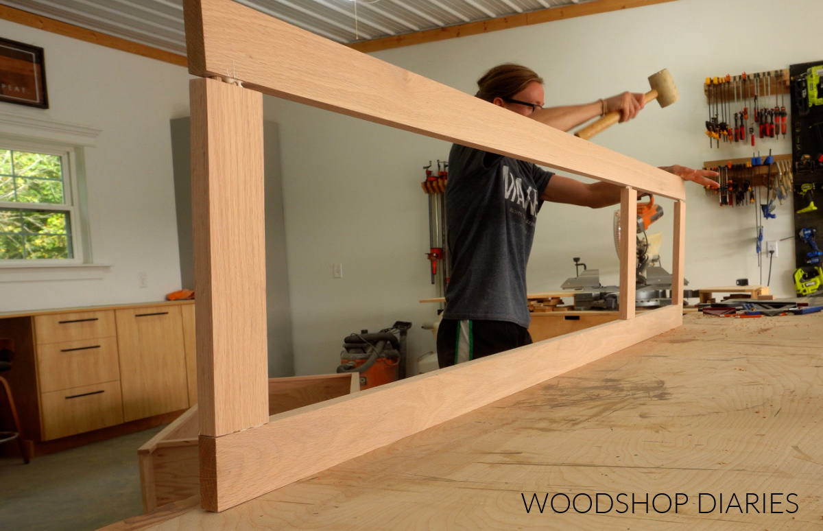 Shara Woodshop Diaries assembling tall cabinet door frame with wood glue and dowels