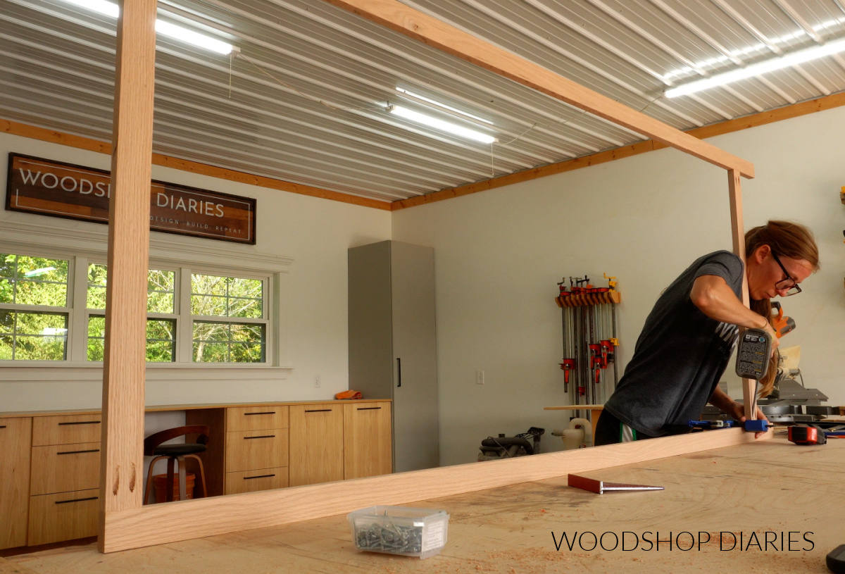 Shara Woodshop Diaries assembling the face frame for the entryway coat cabinet with pocket holes and screws