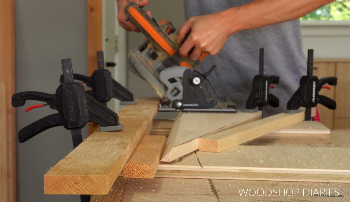 Shara Woodshop Diaries making second cut for twisty table with circular saw on 45 degree bevel