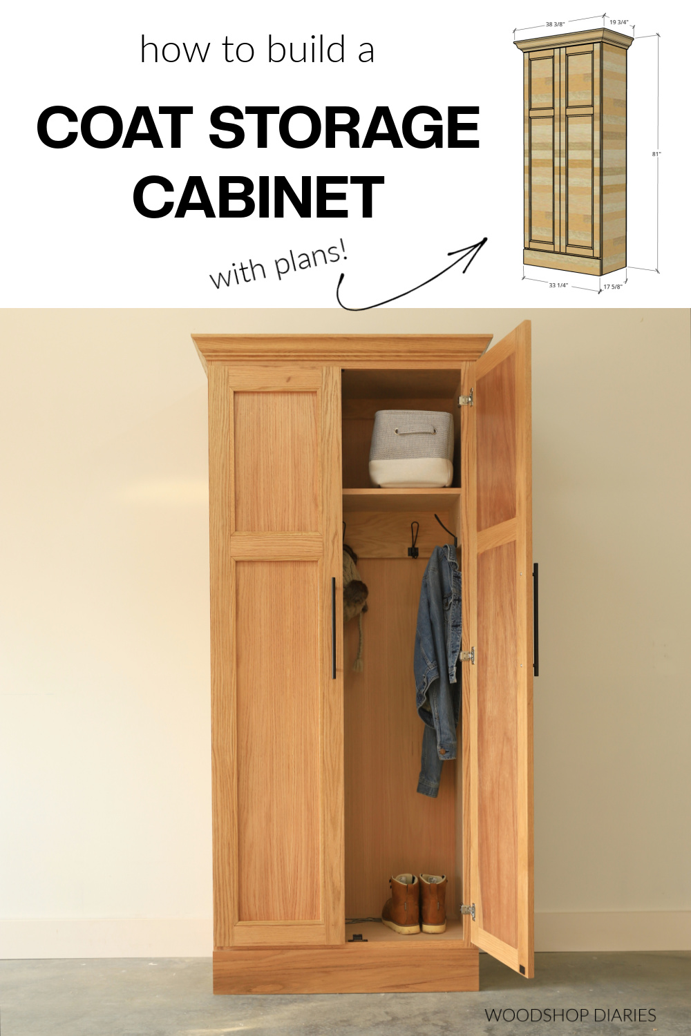 Pinterest collage image showing overall dimensional diagram at top and completed storage cabinet at bottom with text "how to build a coat storage cabinet with plans"
