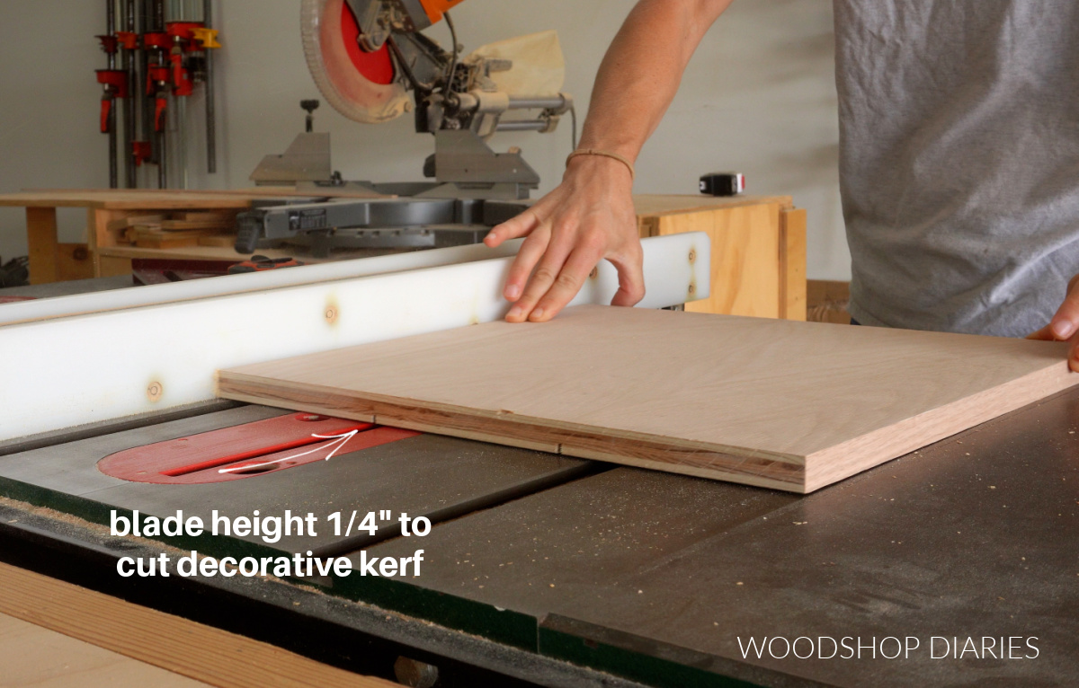 Shara Woodshop Diaries running plywood squares through table saw to cut kerfs for decoration