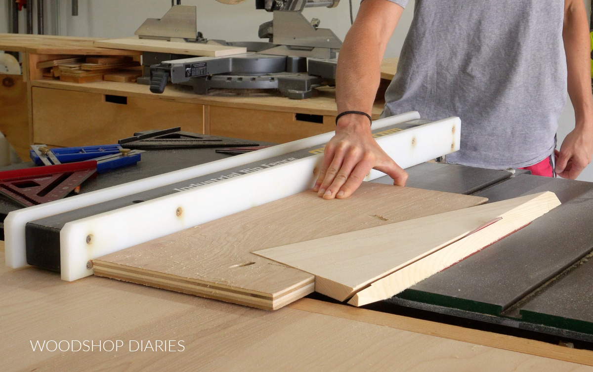 Shara Woodshop Diaries making second table saw cut of twisty table leg