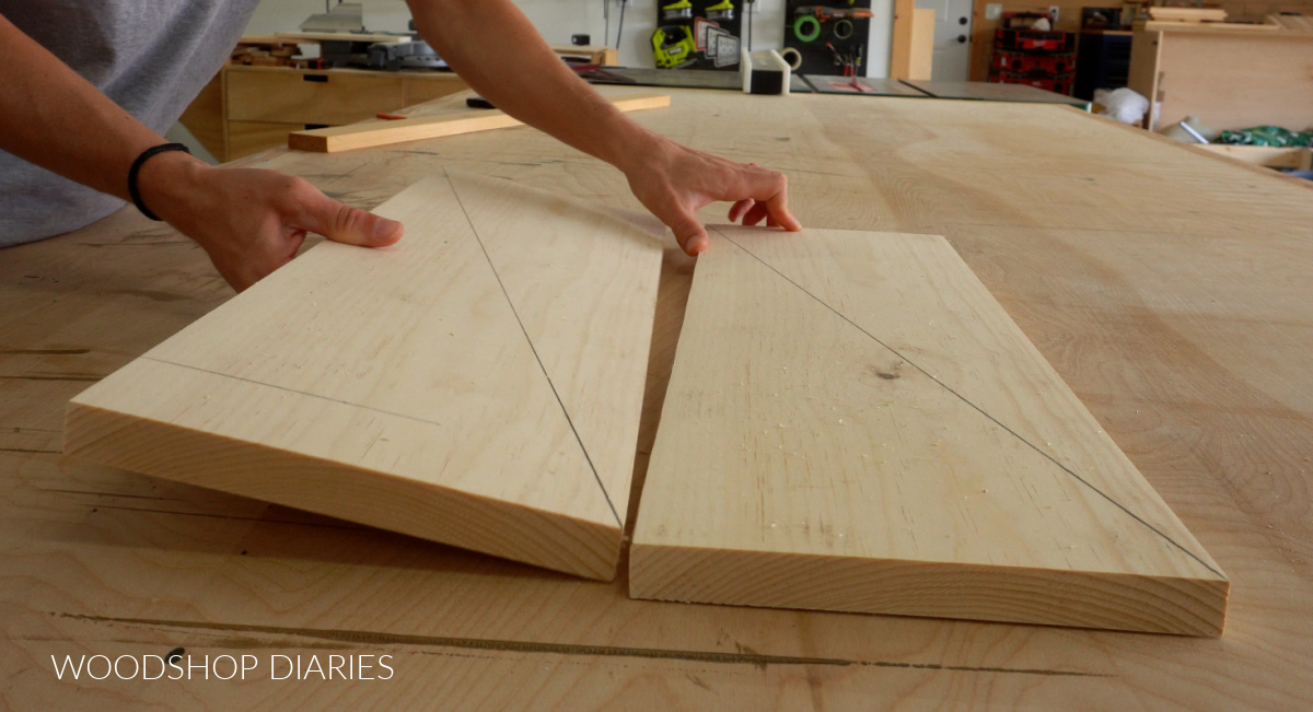 two pieces of 1x8 board with line drawn on diagonal placed on workbench