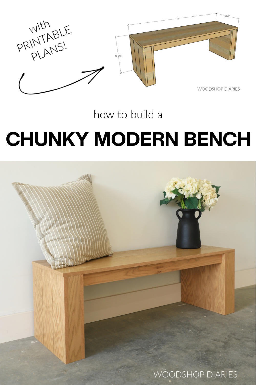 Pinterest collage image showing overall dimensional diagram at top and completed DIY bench seat at bottom with text "how to build a chunky modern bench"