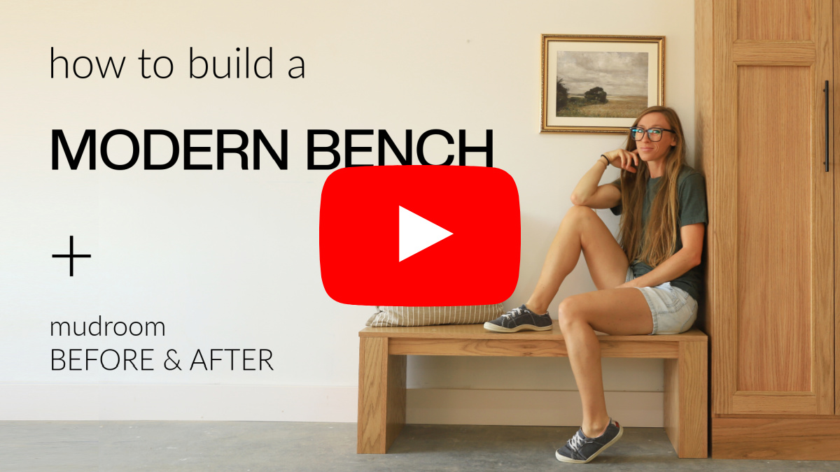 YouTube Thumbnail image showing bench and cabinet with text "how to build a modern bench + mudroom before& after"
