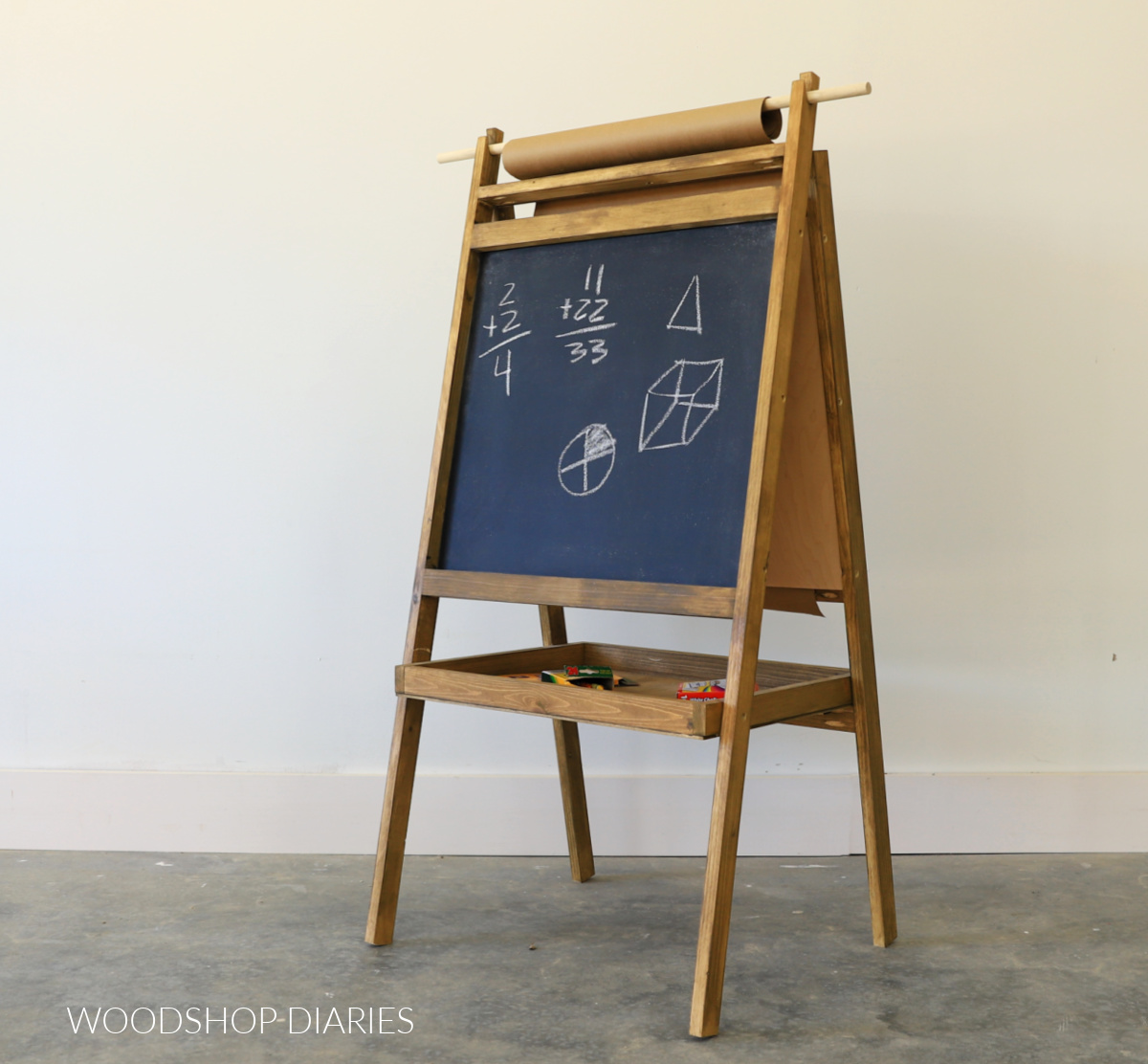 chalkboard DIY kids art easel with wooden frame and storage tray for crayons and pencils