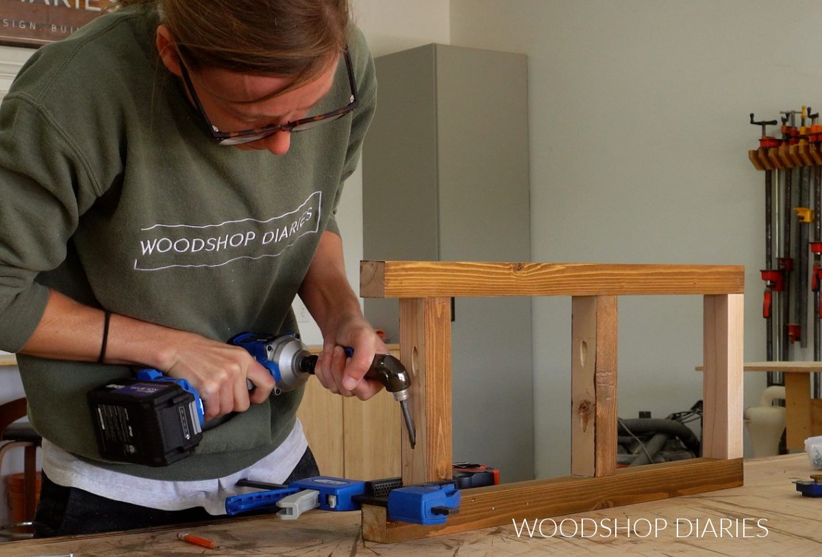 Shara Woodshop Diaries assembling frame of console table shelf with pocket holes and screws