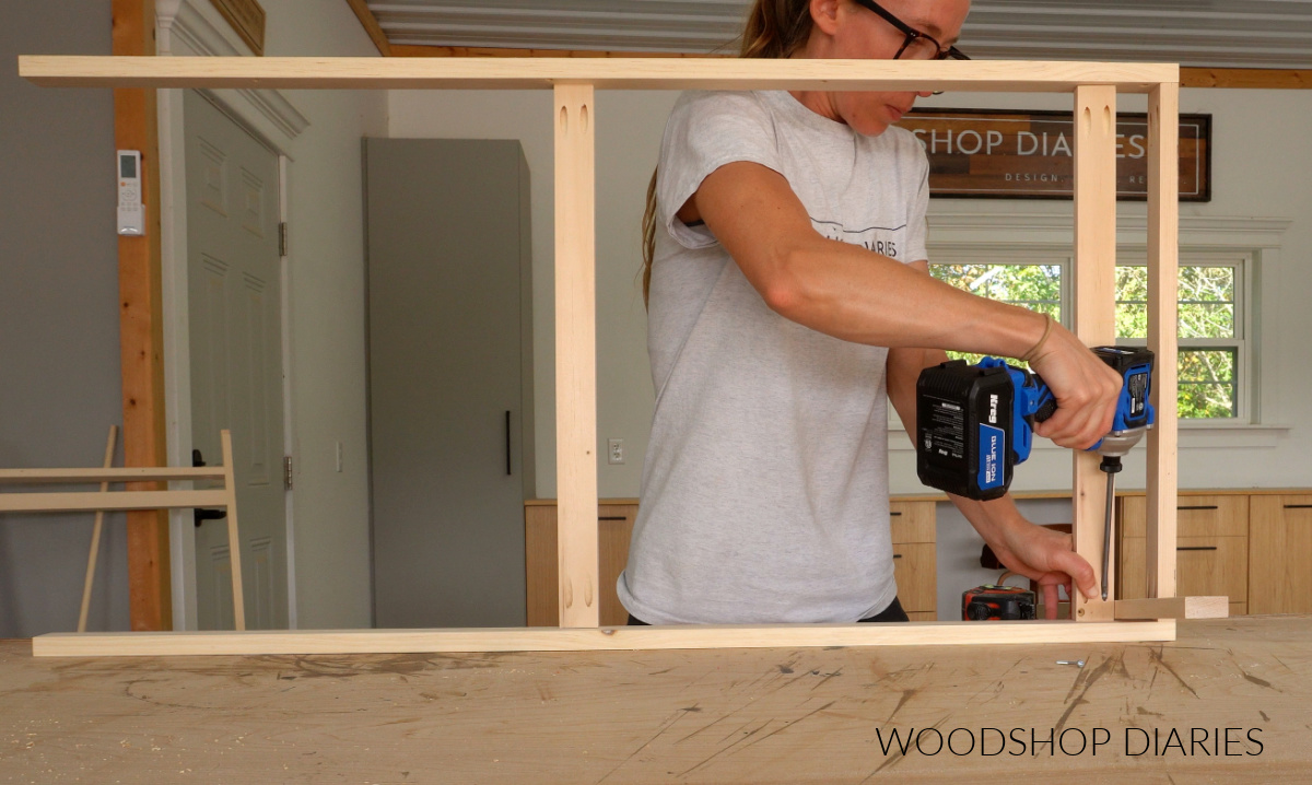 Shara Woodshop Diaries assembling short frame of kids art easel with pocket hole screws