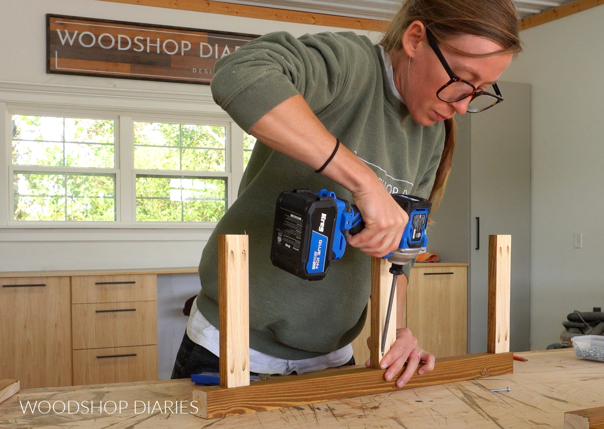 Shara Woodshop Diaries assembling side frames of console table with pocket hole screws