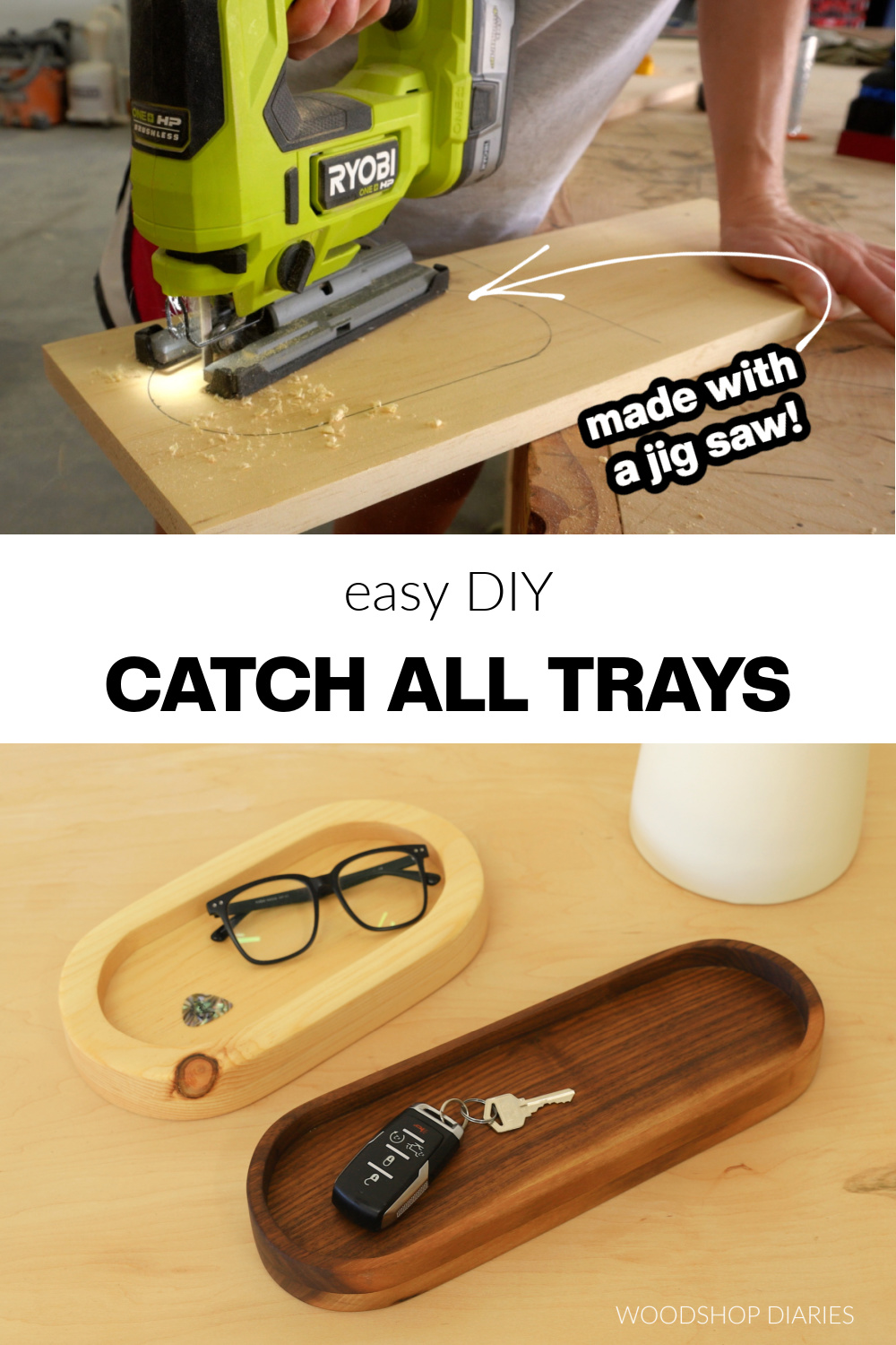 Pinterest collage image showing cutting oval shape with jig saw at top and completed wooden catch all trays at bottom