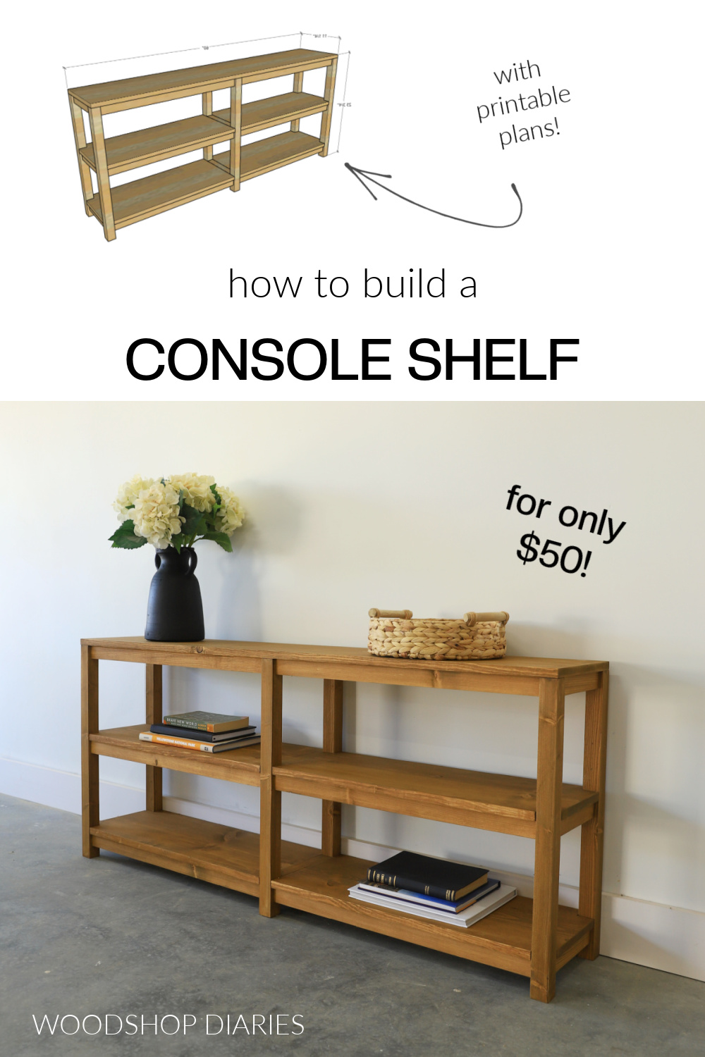 Pinterest collage image showing finished console table with open shelving at bottom against white wall with dimensional diagram of shelf at top with text "how to build a console shelf"