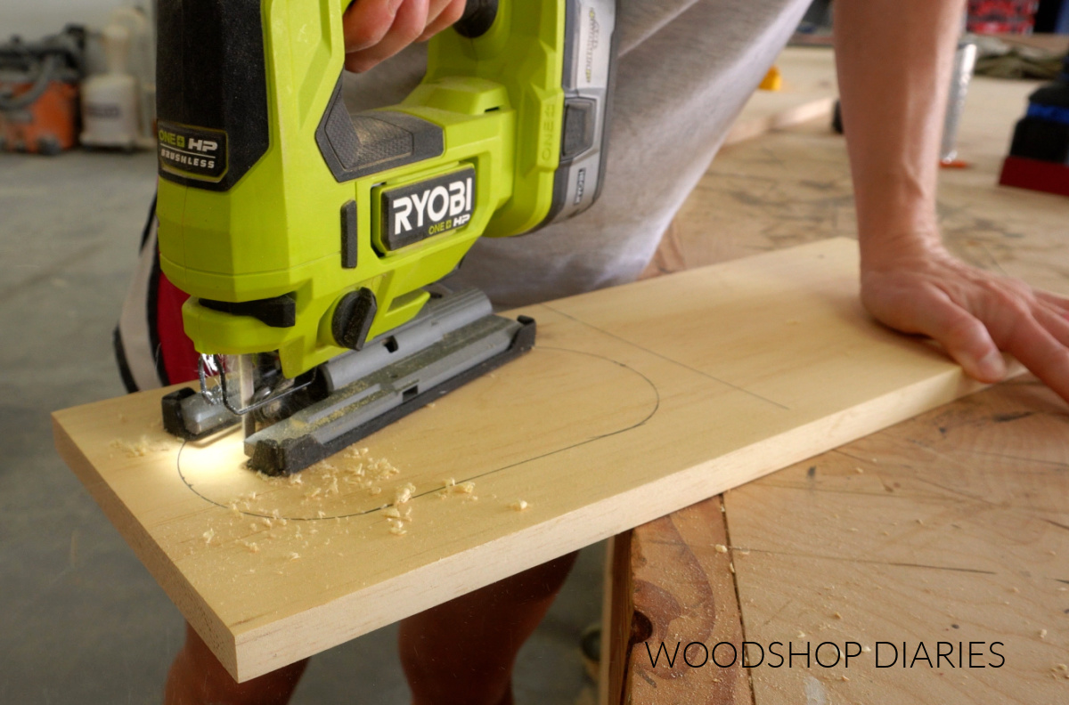 Shara Woodshop Diaries cutting oval catch all tray shape out with jig saw