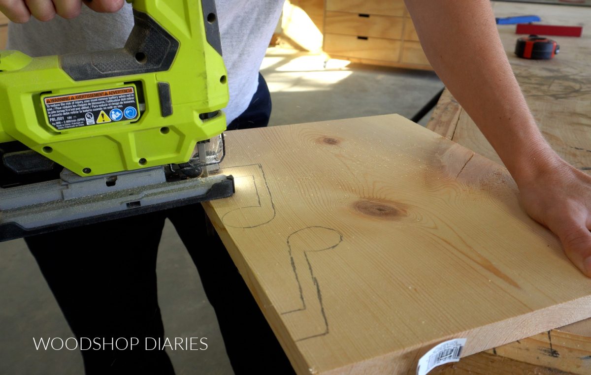 Shara Woodshop Diaries cutting out music note shapes with a jig saw