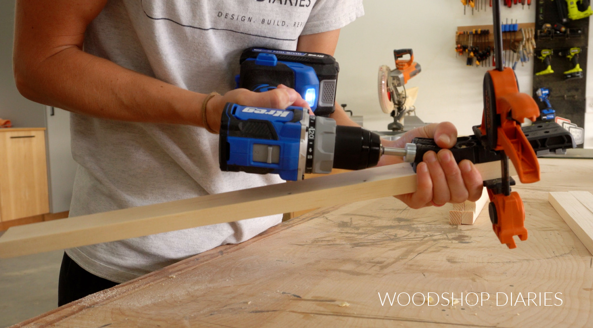 Shara Woodshop Diaries drilling pocket holes in 1x2 to assemble art easel frame