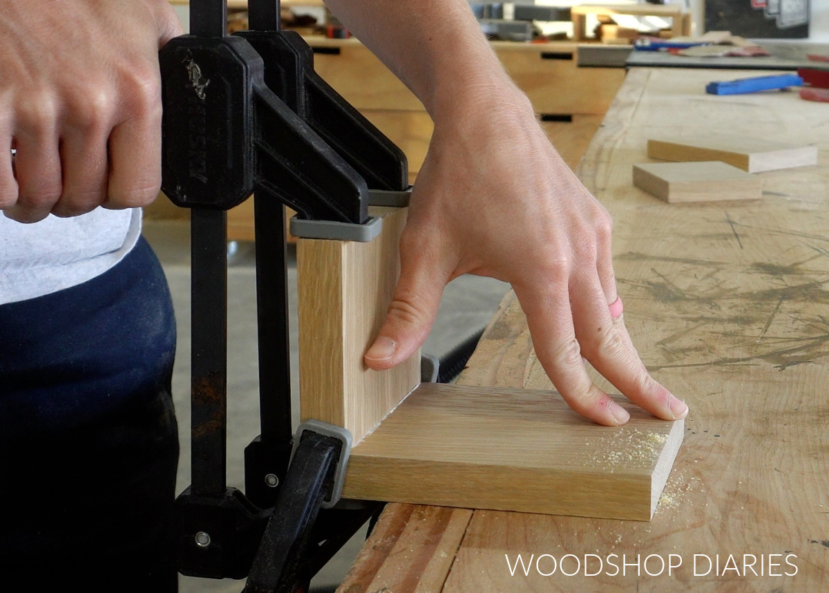 Clamping bookend pieces together on workbench