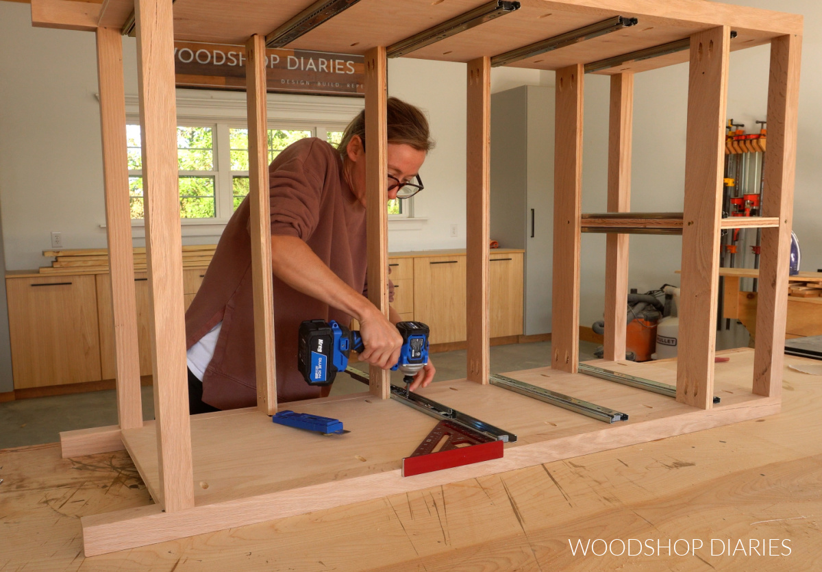 Shara Woodshop Diaries installing drawer slides into tall dresser frame