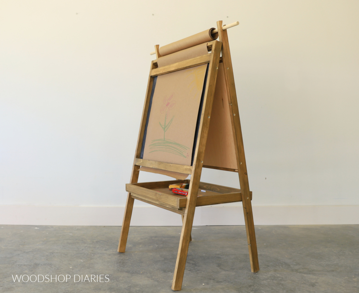 DIY wooden kids art easel with paper roll and collapsible tray