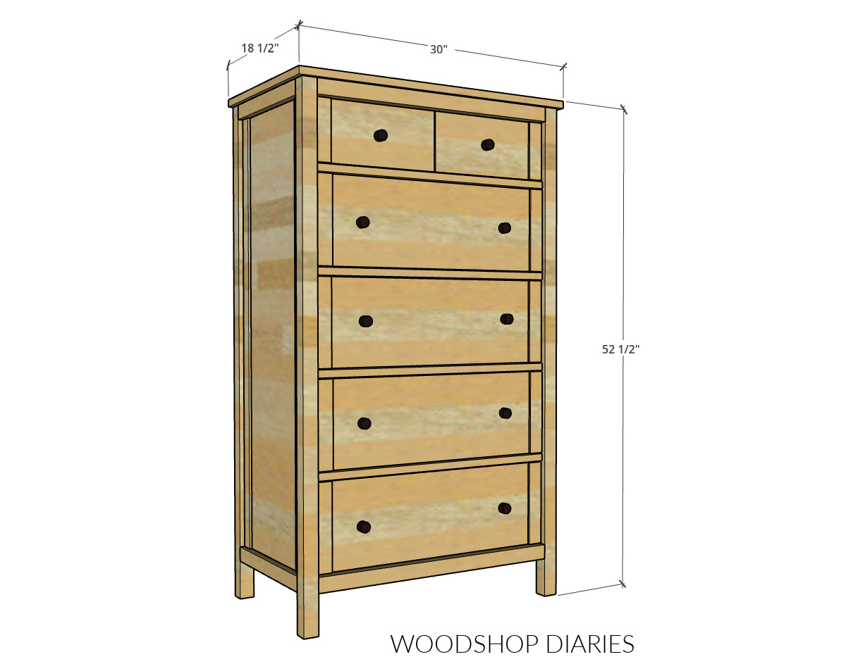 Overall dimensional diagram of tall dresser with 6 drawers