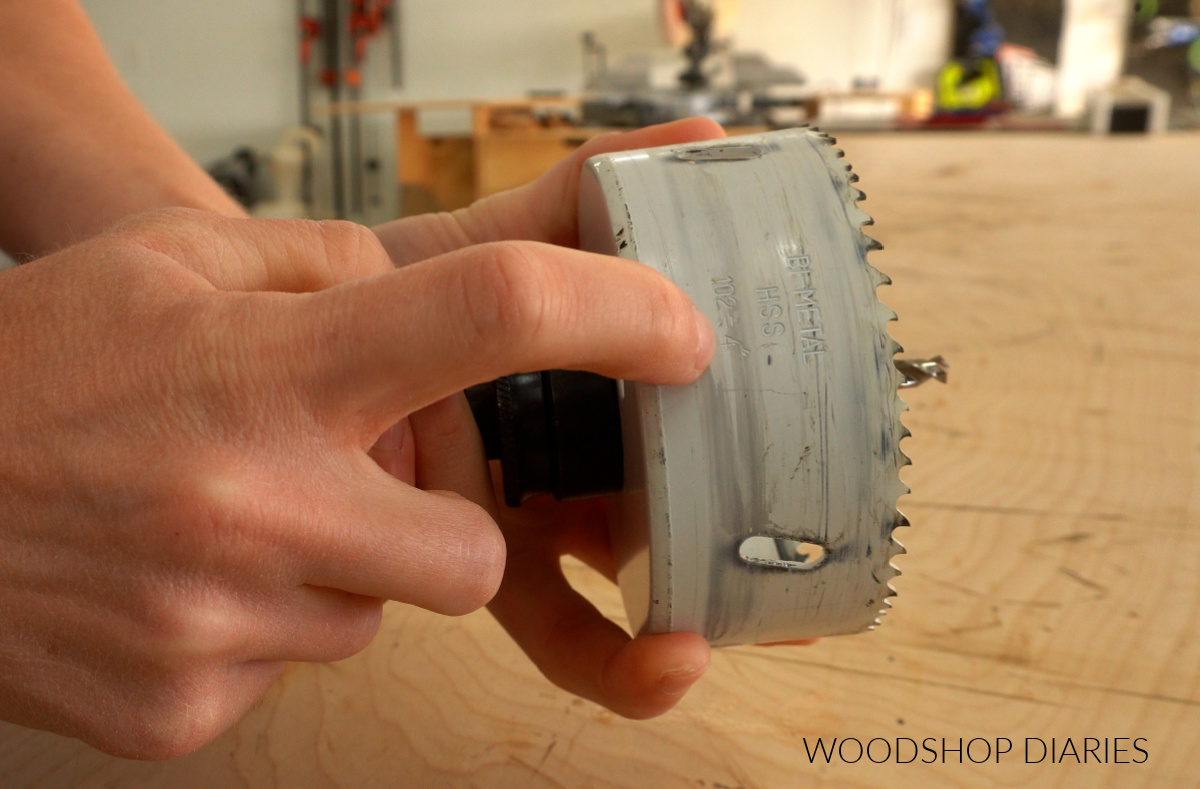 Close up of side of hole saw reading 4" size