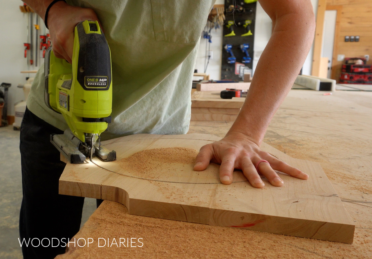 Shara Woodshop Diaries cutting out wooden cake stand circle top with jig saw