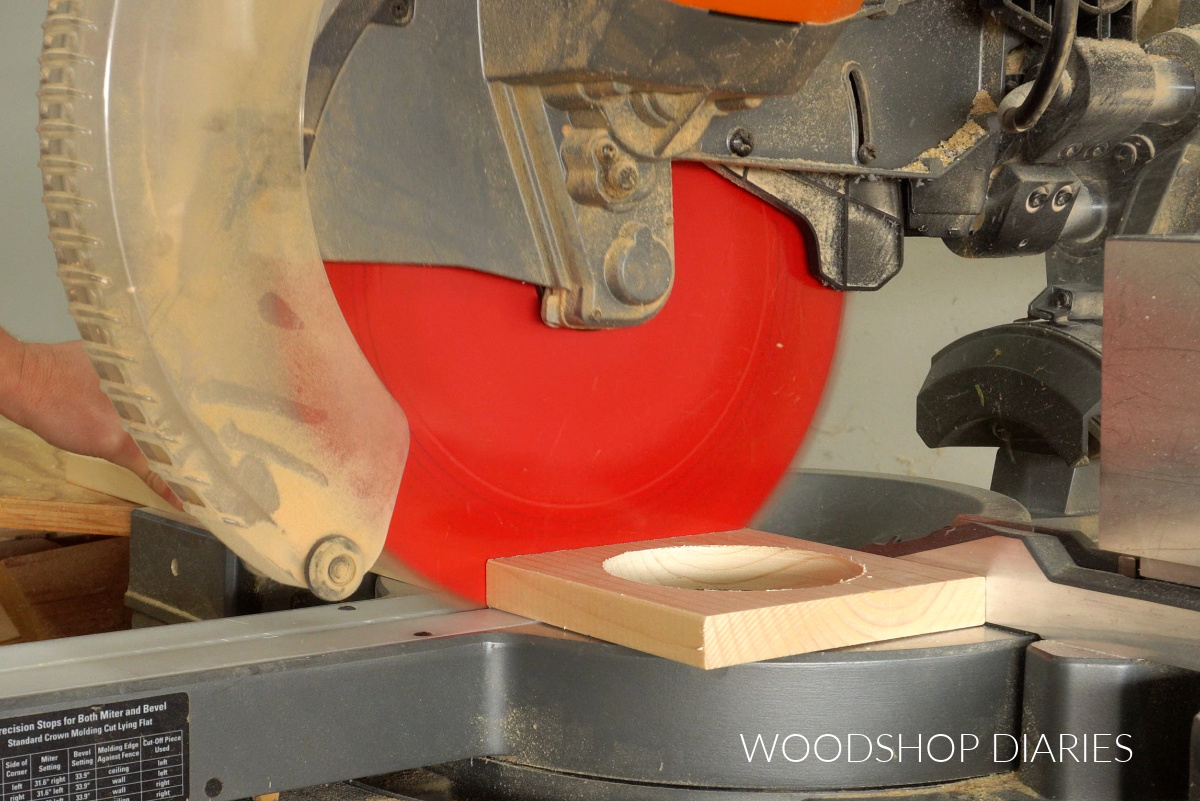 Cutting 1x6 scraps on miter saw to build wooden cup holder