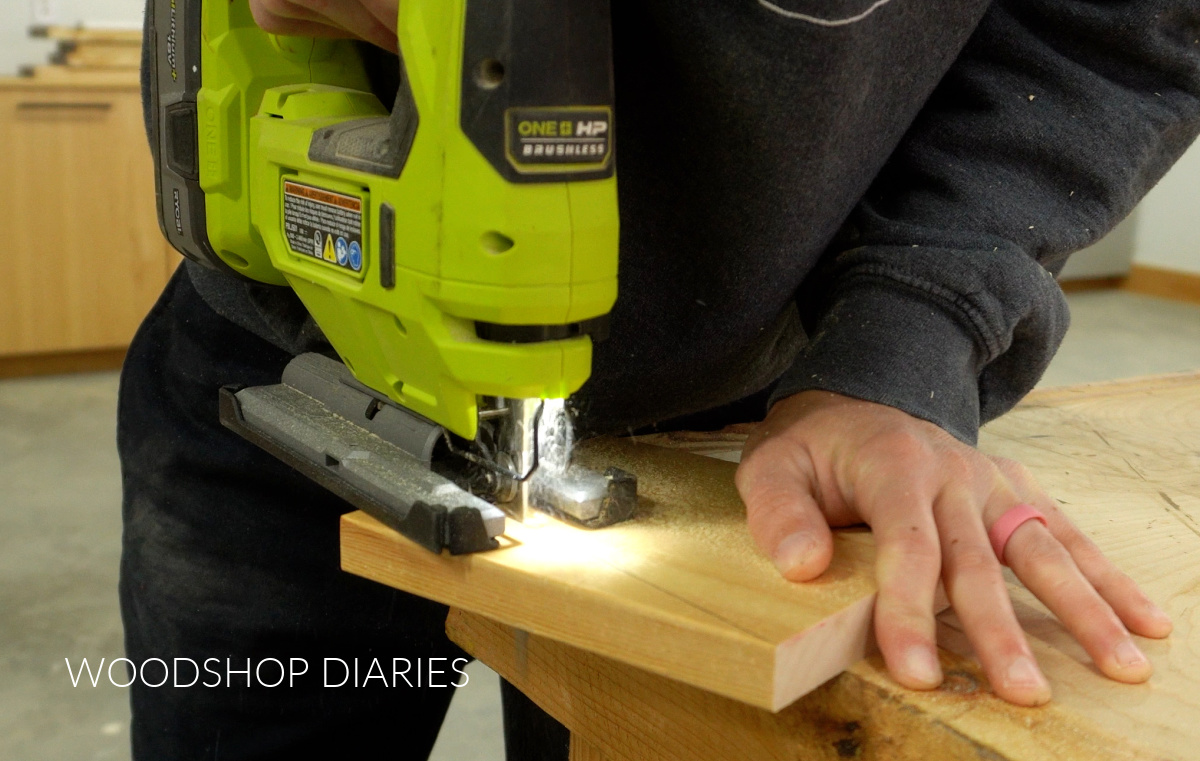 Shara Woodshop Diaries cutting slants on sides of utensil holder pieces with jig saw