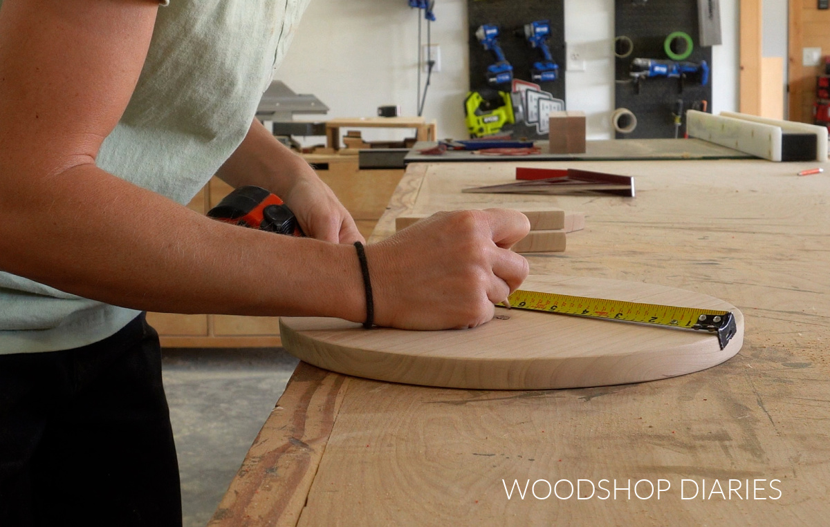 Shara Woodshop Diaries marking center of cake stand plate